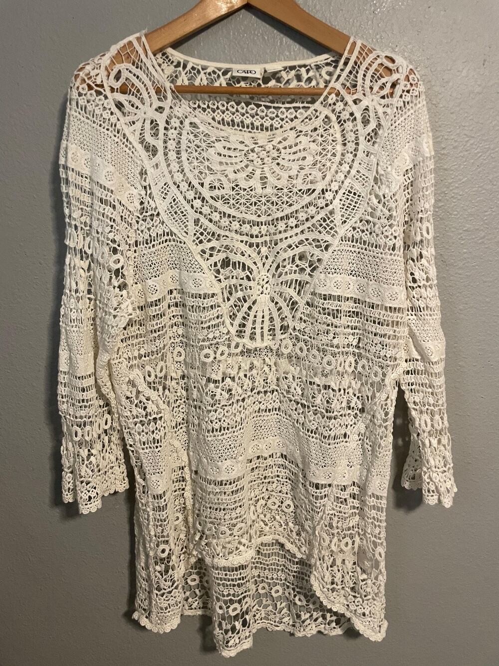 Cato Top Womens XL White Crochet Lace Sheer 3/4 Sleeve Relaxed Boho Festival